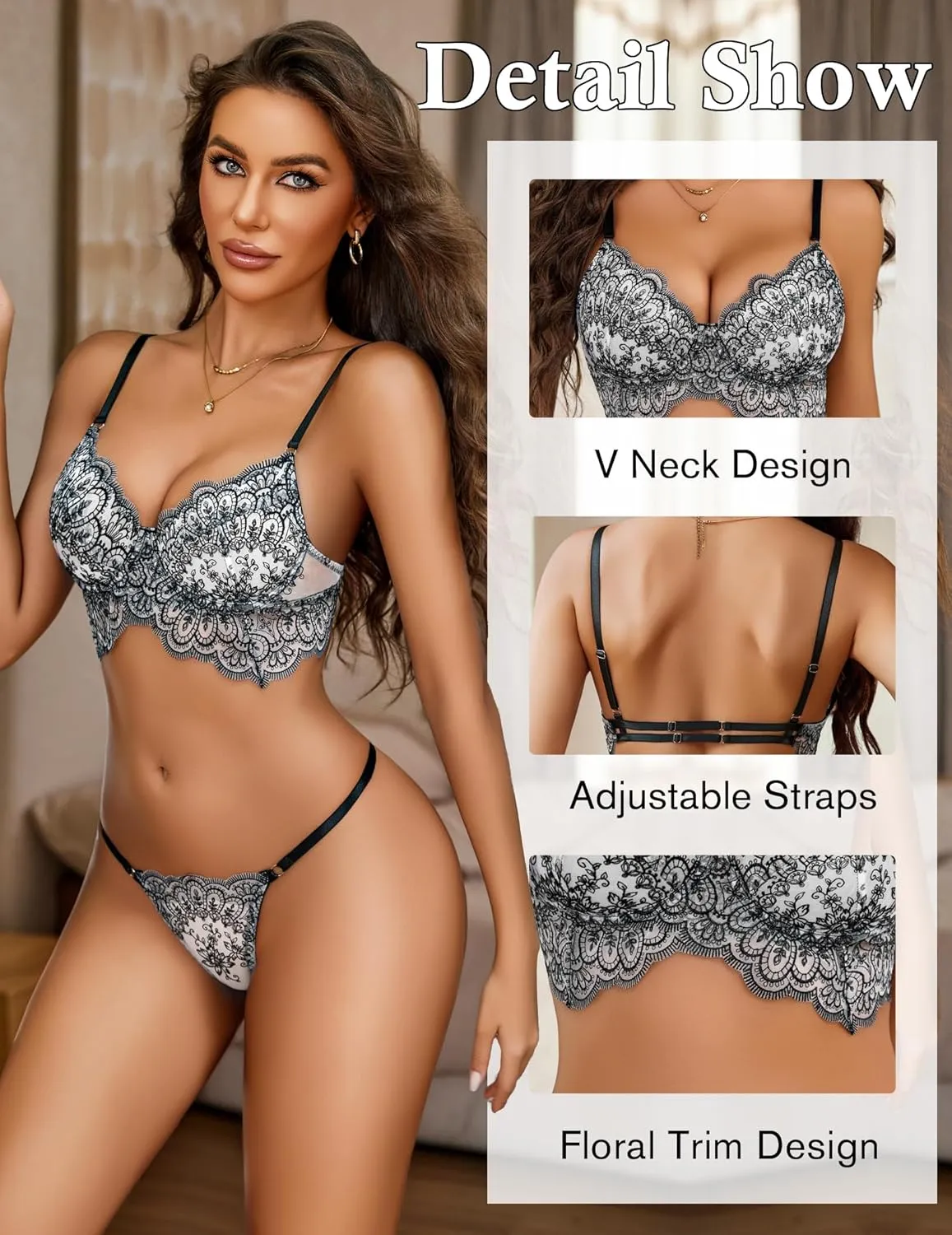 Avidlove Lingerie for Women Floral Lace Bra and Panty Sets V Neck 2 Piece Babydoll Outfits