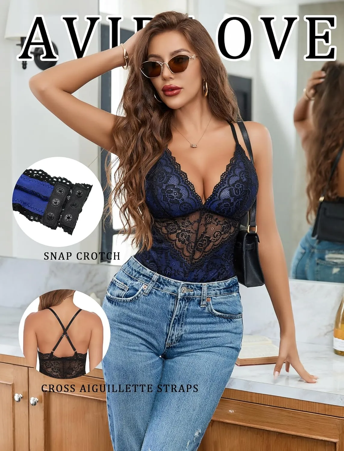 Avidlove Lingerie for Women One Piece Snap Crotch Teddy Bodysuit Contrast Lace Mini Babydoll