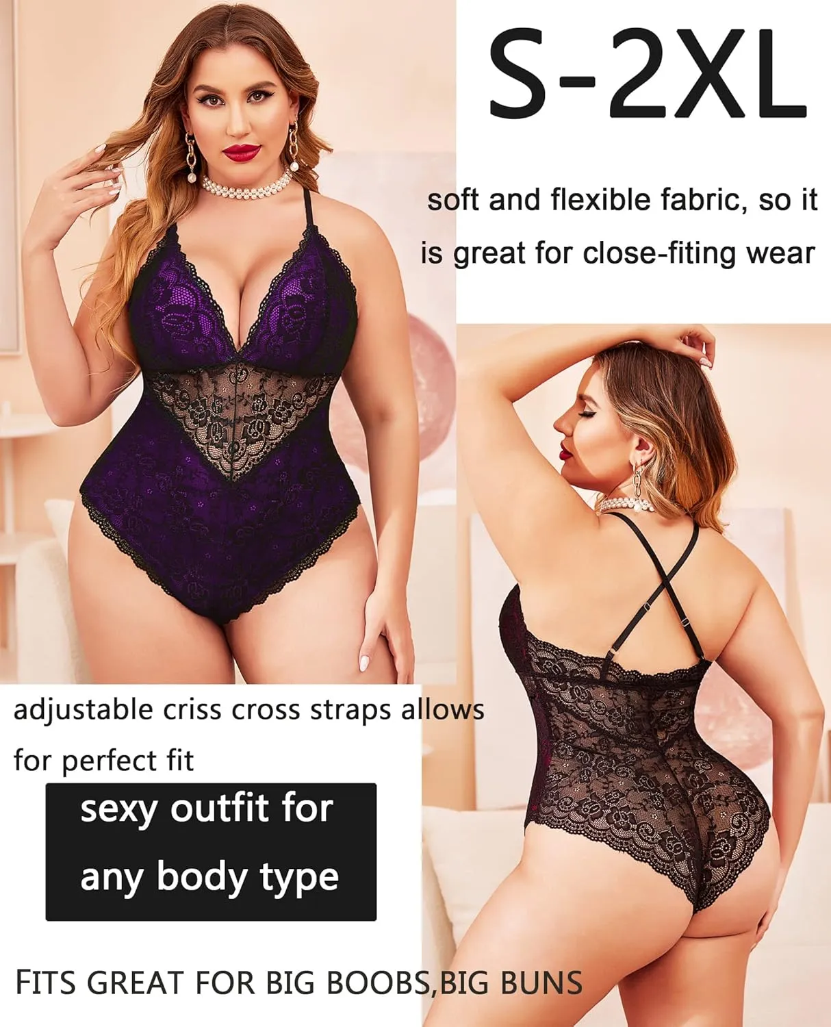 Avidlove Lingerie for Women One Piece Snap Crotch Teddy Bodysuit Contrast Lace Mini Babydoll