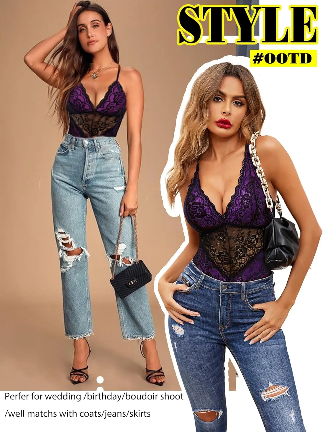 Avidlove Lingerie for Women One Piece Snap Crotch Teddy Bodysuit Contrast Lace Mini Babydoll