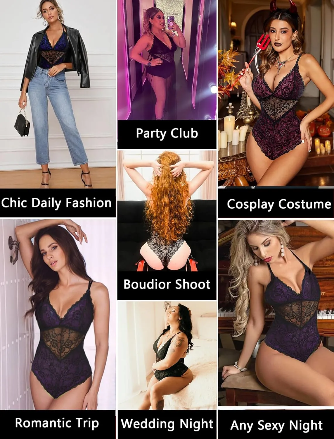 Avidlove Lingerie for Women One Piece Snap Crotch Teddy Bodysuit Contrast Lace Mini Babydoll