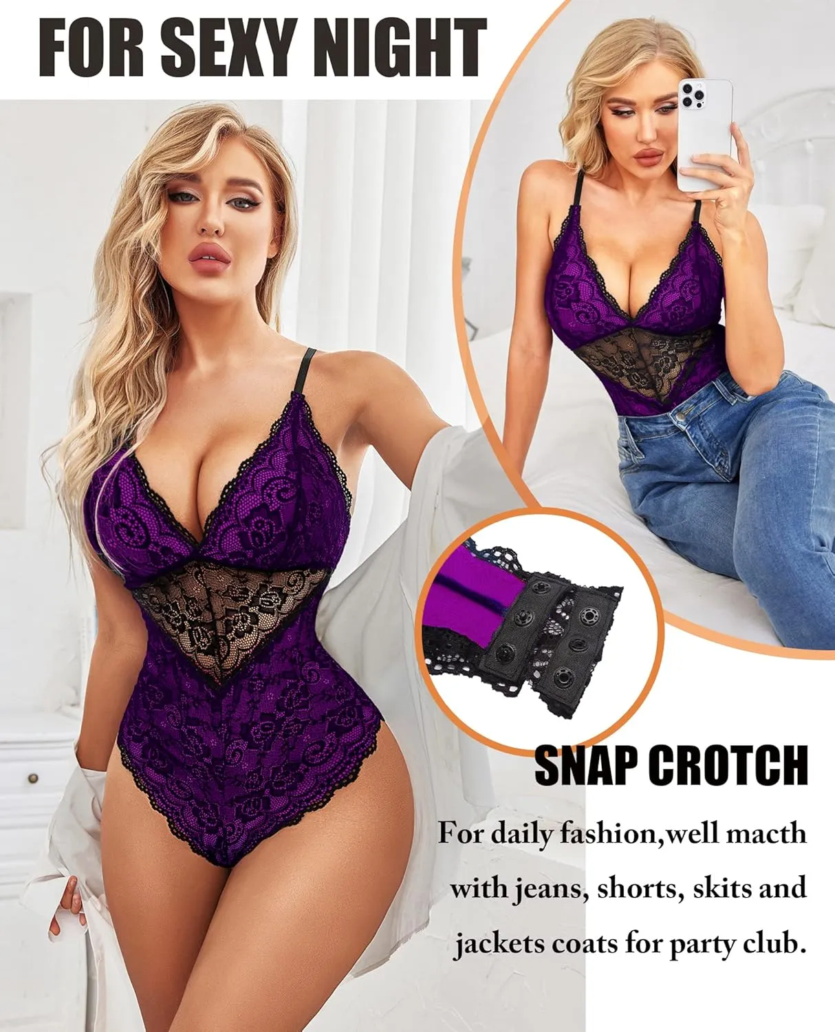 Avidlove Lingerie for Women One Piece Snap Crotch Teddy Bodysuit Contrast Lace Mini Babydoll