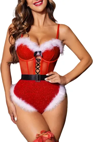 Avidlove Lingerie For Women Snap Crotch Bodysuit Santa Costumes Lace up Boudior Outfits With Underwire and Belt