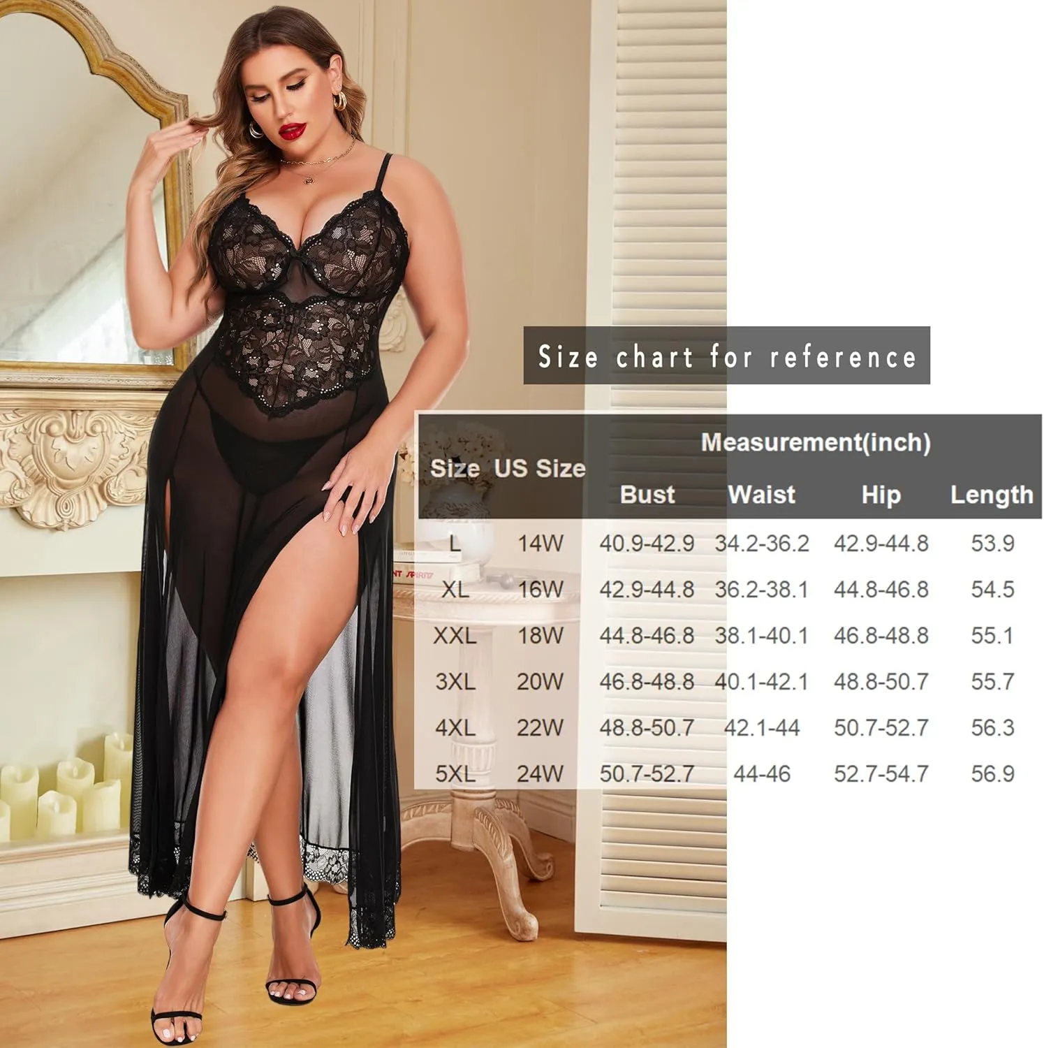 Avidlove Plus Size Lingerie for Women Sexy Lace Babydoll Long Lingerie Dress Side Split Nightgown