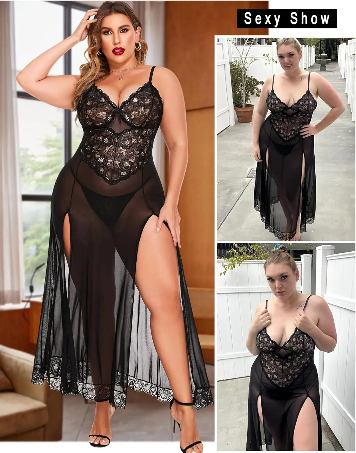 Avidlove Plus Size Lingerie for Women Sexy Lace Babydoll Long Lingerie Dress Side Split Nightgown