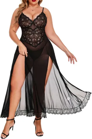 Avidlove Plus Size Lingerie for Women Sexy Lace Babydoll Long Lingerie Dress Side Split Nightgown