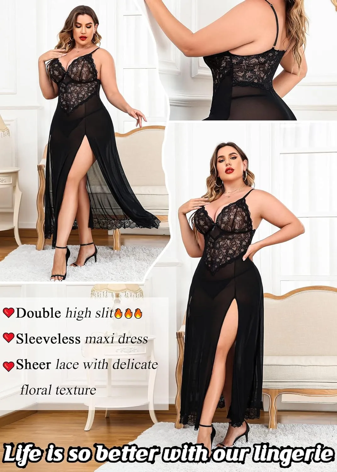 Avidlove Plus Size Lingerie for Women Sexy Lace Babydoll Long Lingerie Dress Side Split Nightgown
