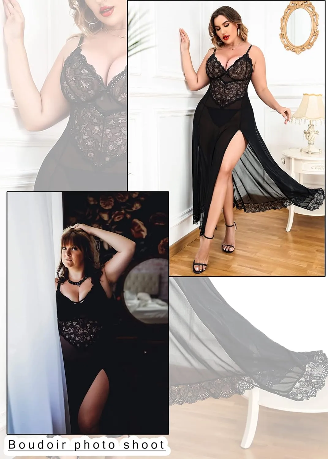 Avidlove Plus Size Lingerie for Women Sexy Lace Babydoll Long Lingerie Dress Side Split Nightgown