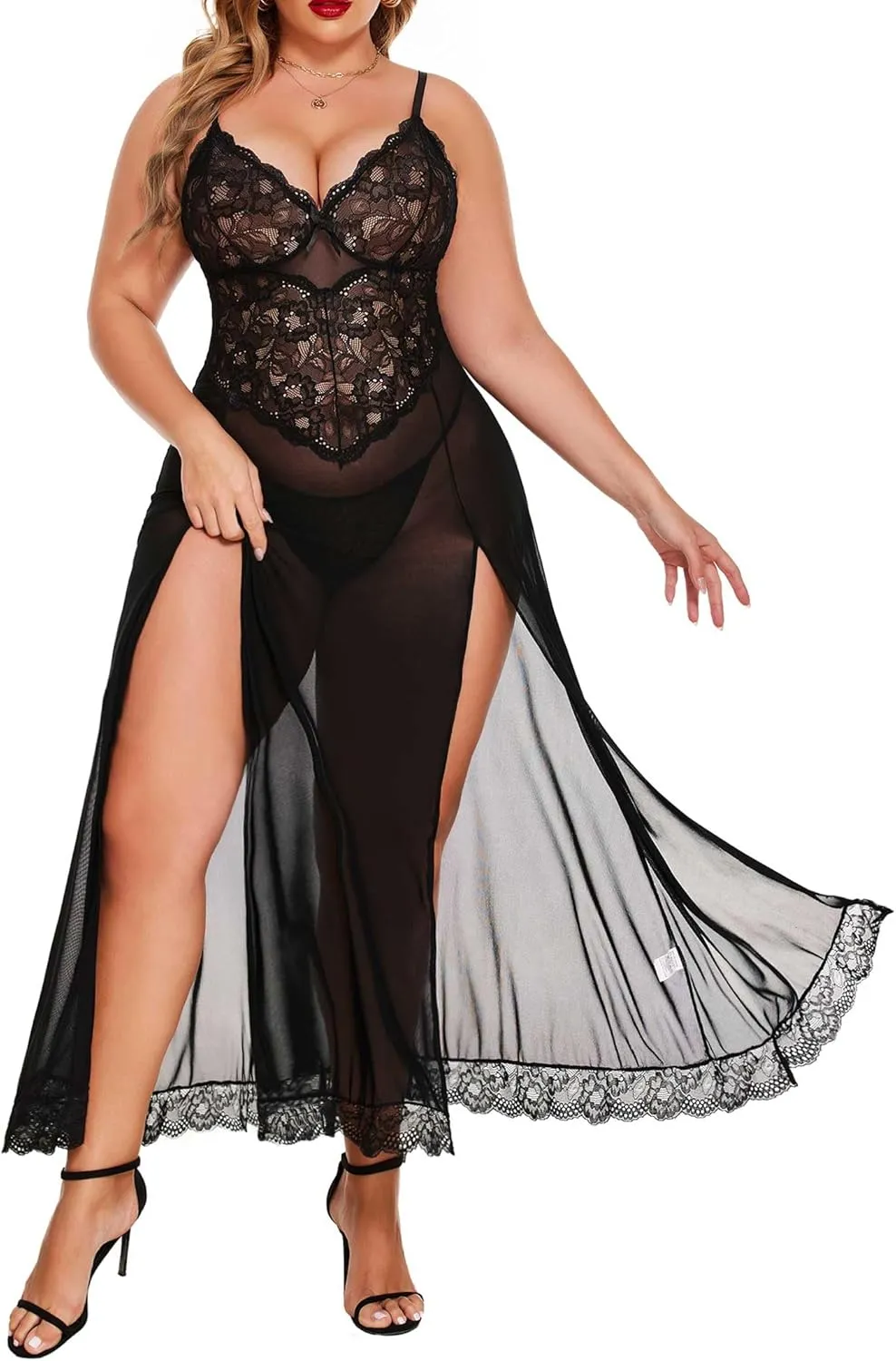 Avidlove Plus Size Lingerie for Women Sexy Lace Babydoll Long Lingerie Dress Side Split Nightgown
