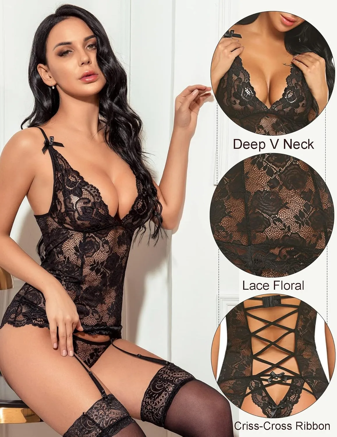 Avidlove Sexy Garter Lingerie for Women Mesh Chemise Lace Babydoll with Garter Mini Teddy Bodysuit (No Stocking)