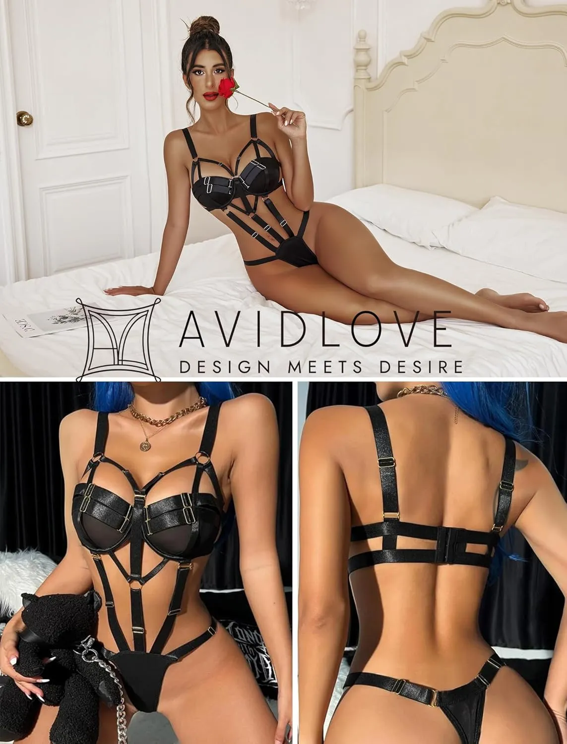 Avidlove Womens Lingerie with Push Up Bra Support Bondaged Underwired Teddy Lingerie One Piece Babydoll