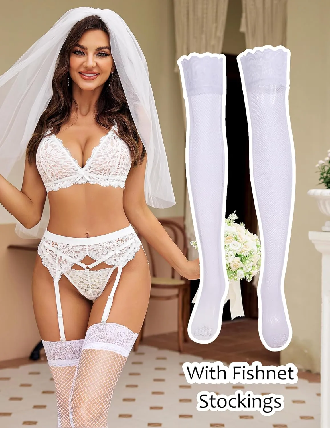 Avidlove Womens Sexy Lingeries Set Floral Lace Bra and Panty with Garter Belt and Stockings Exotic Garter Set