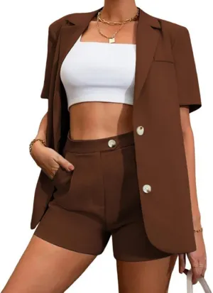 Blazer Sets Women 2 Piece Outfits Open Front Short Sleeve Blazer Jacket and Shorts Set Business Office Suits