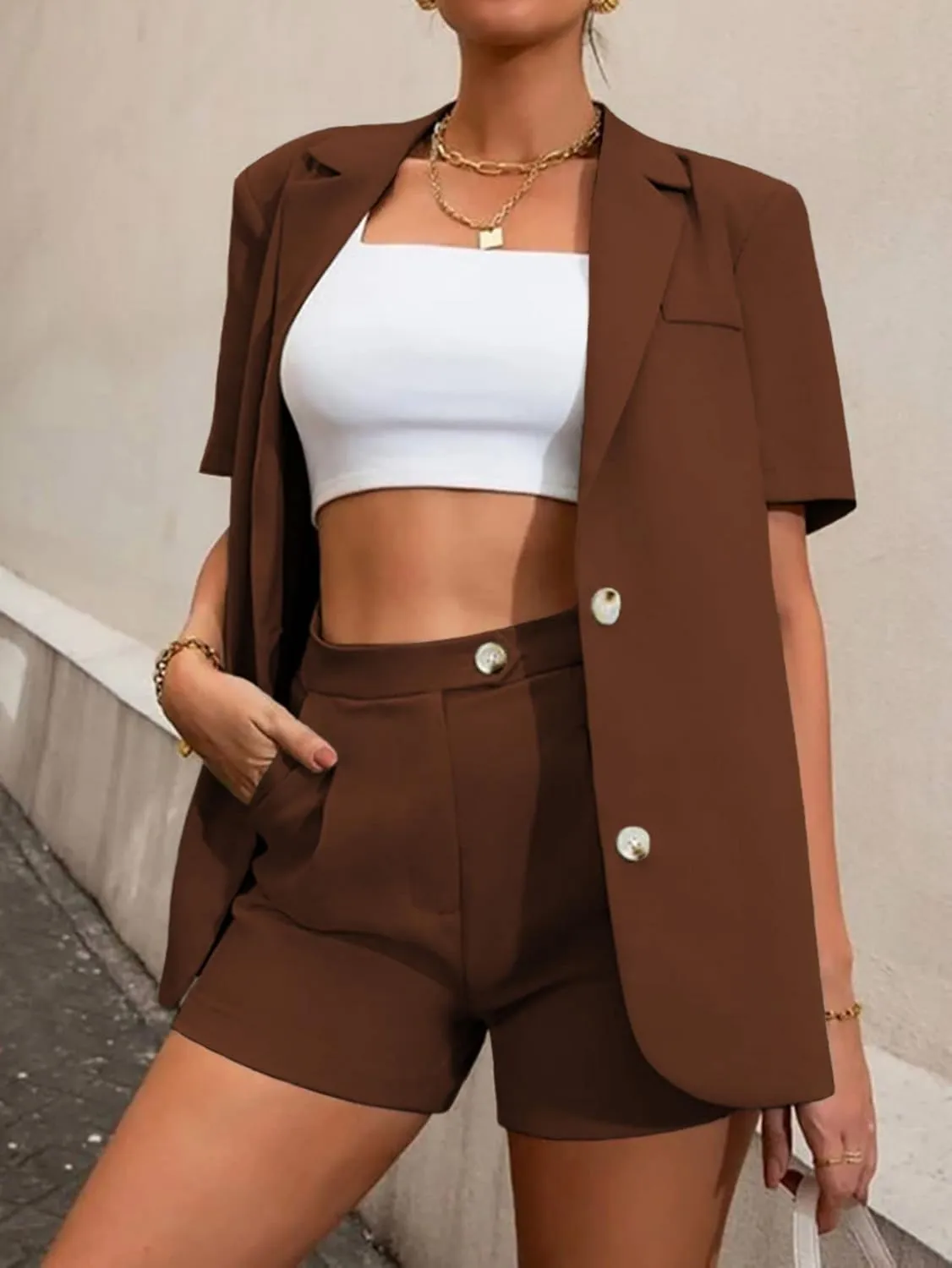 Blazer Sets Women 2 Piece Outfits Open Front Short Sleeve Blazer Jacket and Shorts Set Business Office Suits
