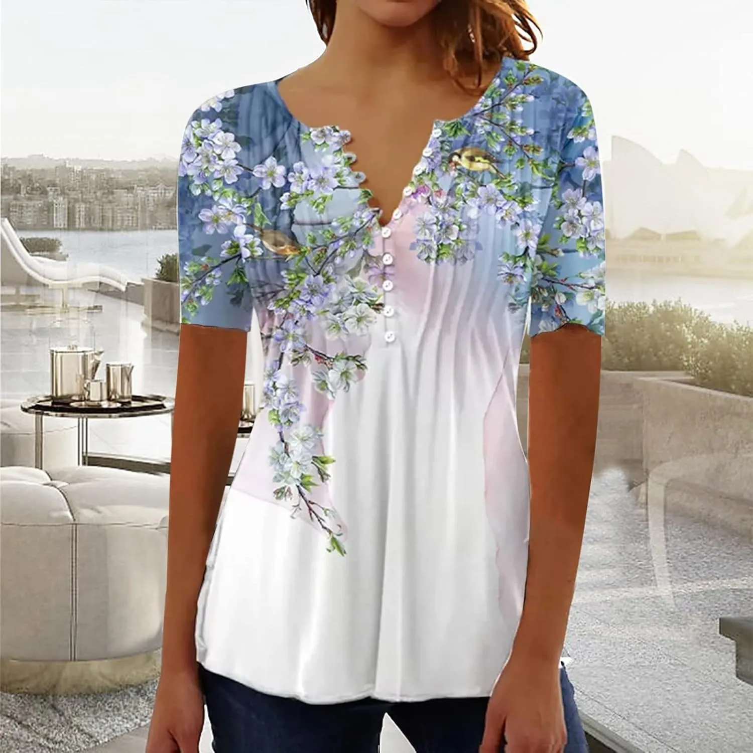 Button Down Shirts for Women Summer Floral Print Tunic Empire Waist Short Sleeve Henley v Neck Spring Blouses