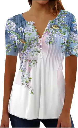 Button Down Shirts for Women Summer Floral Print Tunic Empire Waist Short Sleeve Henley v Neck Spring Blouses