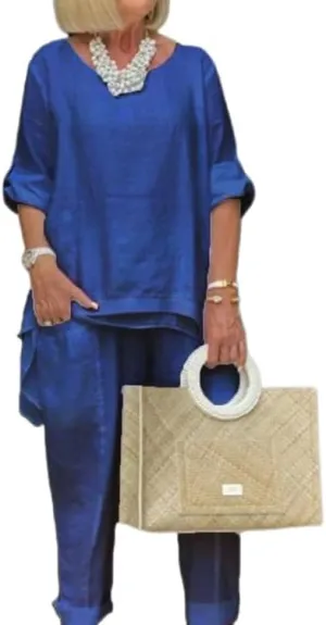 Cotton 2 Piece Set for Women Crewneck Irregular Hem Linen Half Sleeve Shirt Top and Casual Loose Wide Leg Pants