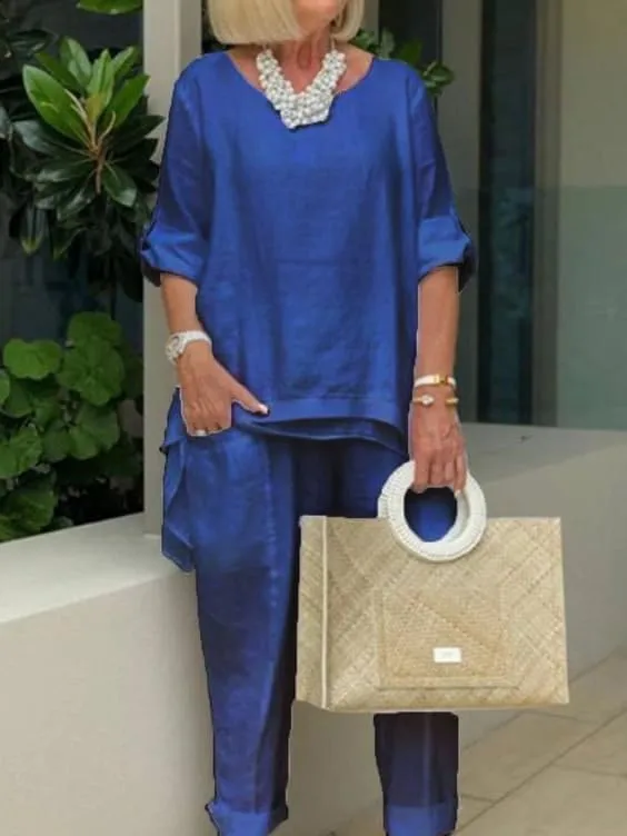 Cotton 2 Piece Set for Women Crewneck Irregular Hem Linen Half Sleeve Shirt Top and Casual Loose Wide Leg Pants