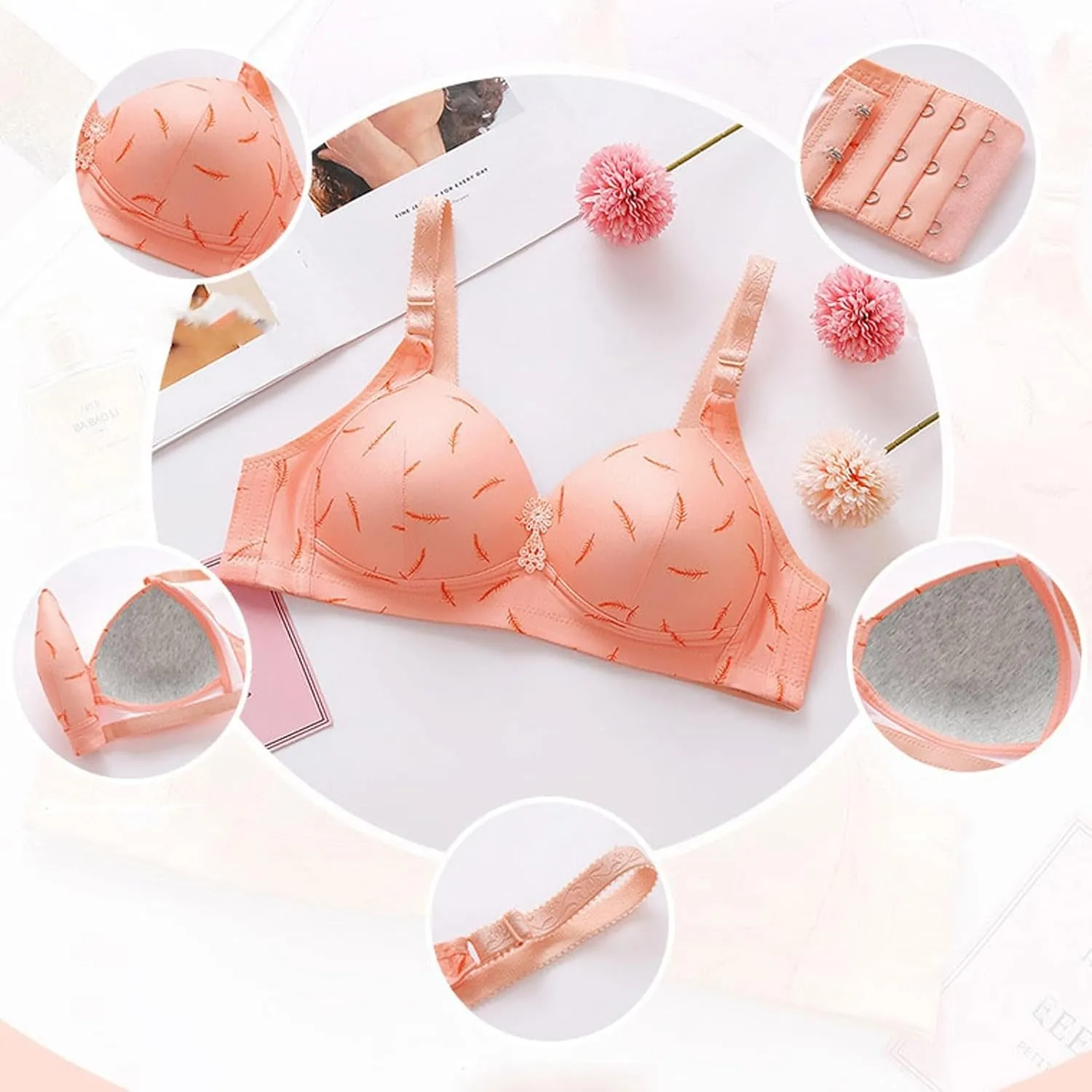 Cotton Bras for Women Wirefree Plus Size Thin Breasts Gathered Adjustable Comfortable Breathable Underwire Pushup Bra