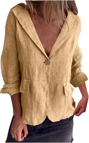 Cotton Linen Blazer for Womens Casual Long Sleeve Button Front Lapel Jackets Loose Lightweight Suit Jackets Blazer