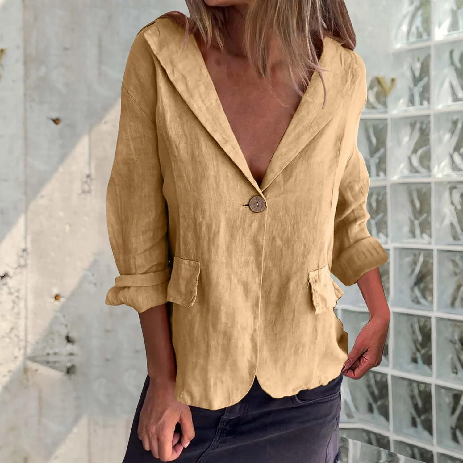 Cotton Linen Blazer for Womens Casual Long Sleeve Button Front Lapel Jackets Loose Lightweight Suit Jackets Blazer