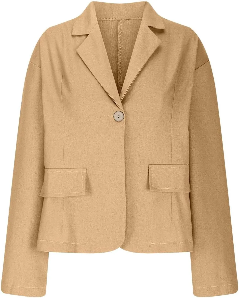 Cotton Linen Blazer for Womens Casual Long Sleeve Button Front Lapel Jackets Loose Lightweight Suit Jackets Blazer