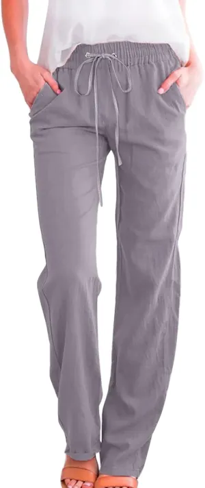 Cotton Linen Pants for Women Printed Capri Pant Plus Size Wide Leg Sweatpants Summer Cropped Elastic Waist Trousers