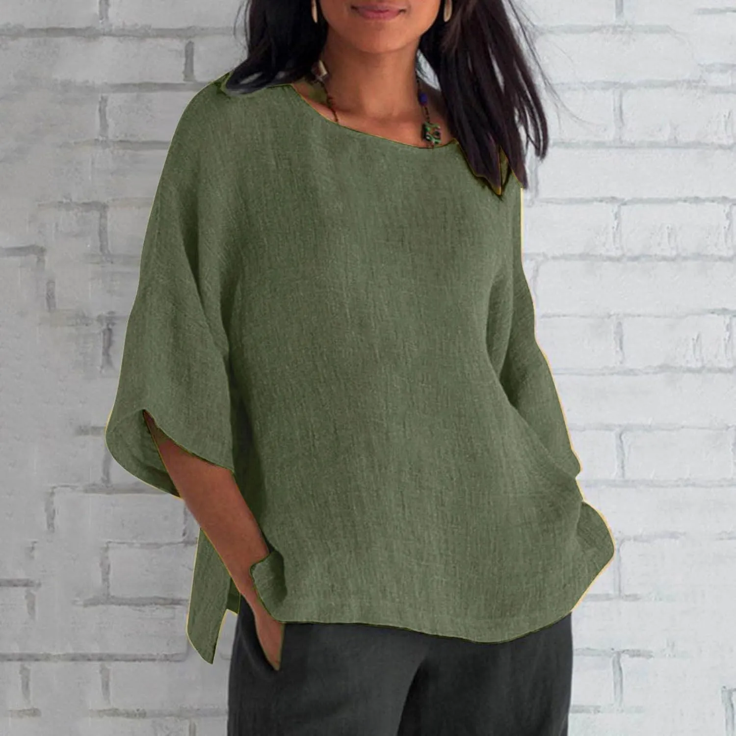 Cotton Linen Top for Women Plus Size 3/4 Sleeve Casual Summer Blouse T Shirt Fashion Side Split Loose Tunic Shirts