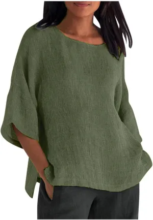 Cotton Linen Top for Women Plus Size 3/4 Sleeve Casual Summer Blouse T Shirt Fashion Side Split Loose Tunic Shirts