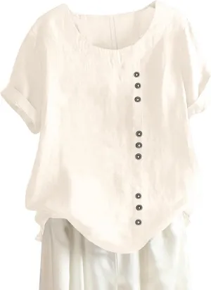 Cotton Linen Tops for Women 2025 Summer Casual Roll Up Short Sleeve T-Shirt Loose Fit Solid Color Tees Blouses