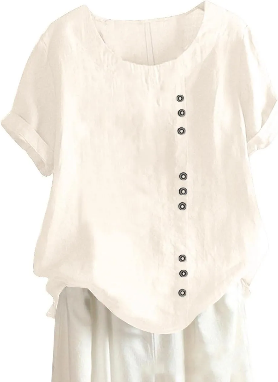 Cotton Linen Tops for Women 2025 Summer Casual Roll Up Short Sleeve T-Shirt Loose Fit Solid Color Tees Blouses