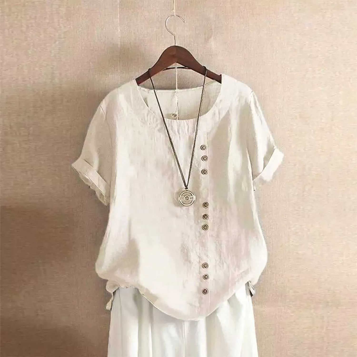 Cotton Linen Tops for Women 2025 Summer Casual Roll Up Short Sleeve T-Shirt Loose Fit Solid Color Tees Blouses