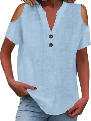 Cotton Linen Tops for Women 2025 Trendy Summer Cold Shoulder Short Sleeve Casual Loose V Neck Button Up Henley Shirt