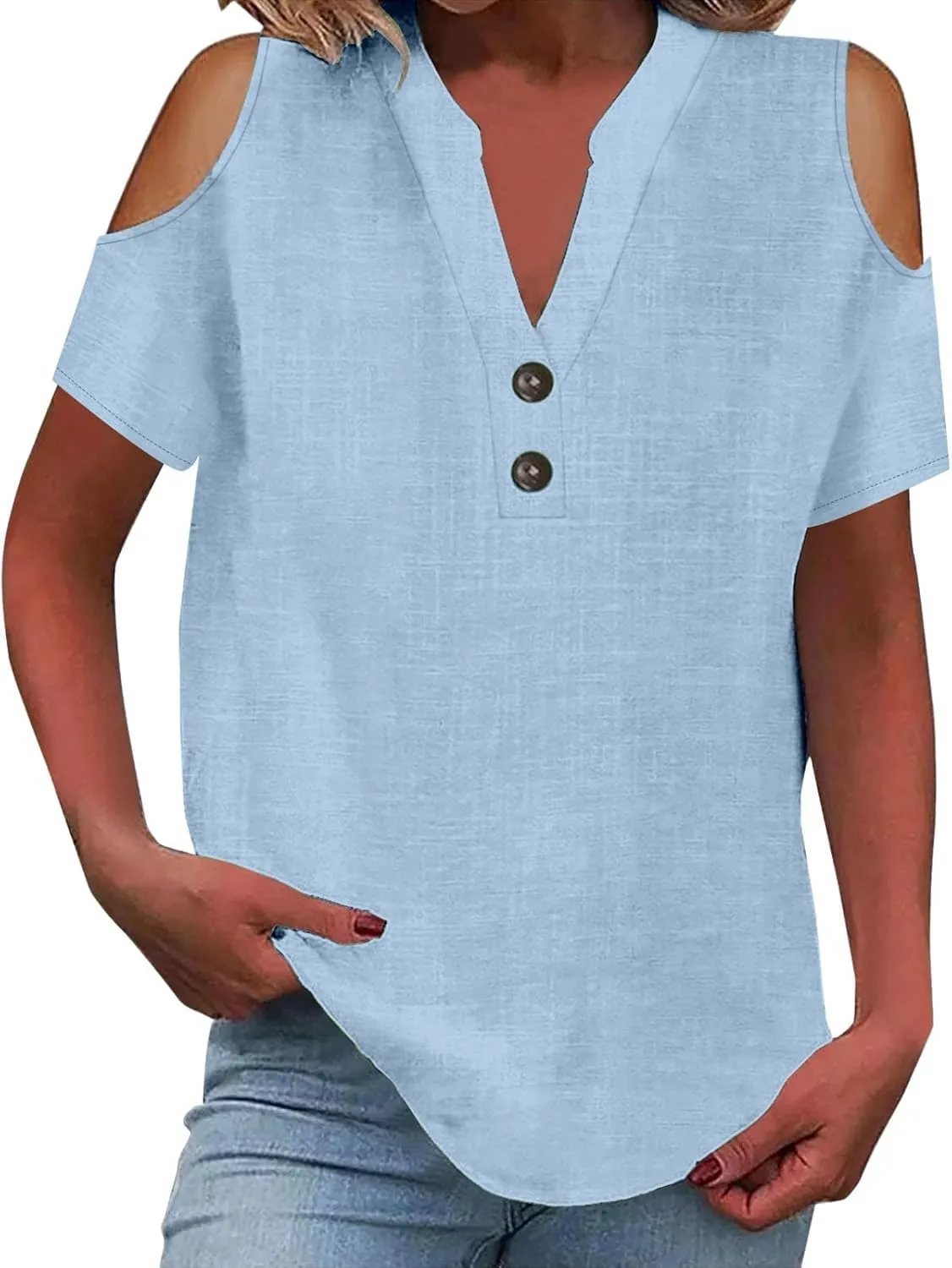Cotton Linen Tops for Women 2025 Trendy Summer Cold Shoulder Short Sleeve Casual Loose V Neck Button Up Henley Shirt