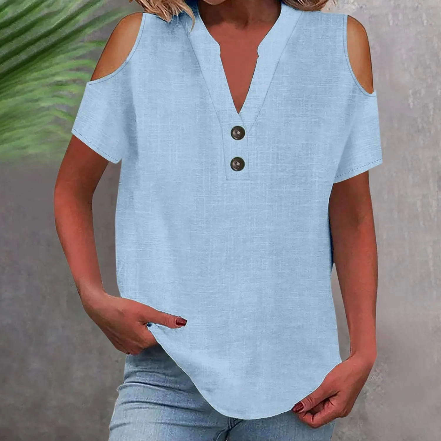 Cotton Linen Tops for Women 2025 Trendy Summer Cold Shoulder Short Sleeve Casual Loose V Neck Button Up Henley Shirt