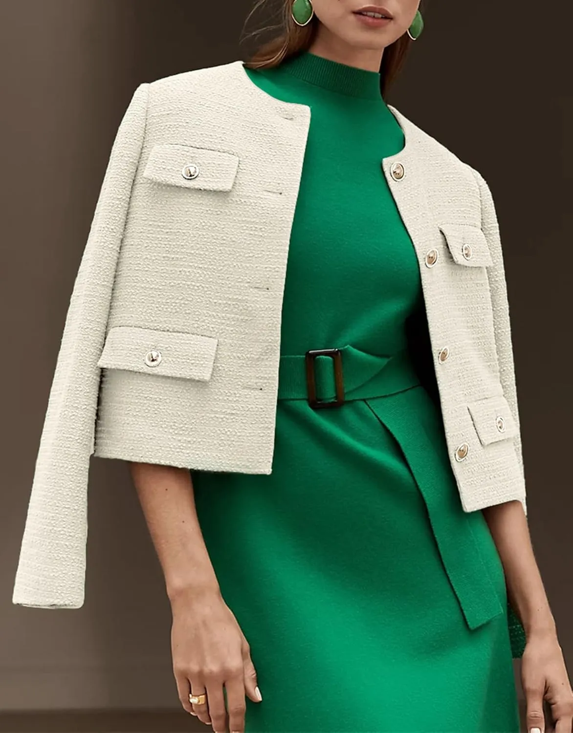 Cropped Tweed Blazer Jackets for Women Elegant Slim Collarless Business Casual Outfits Spring Jackets