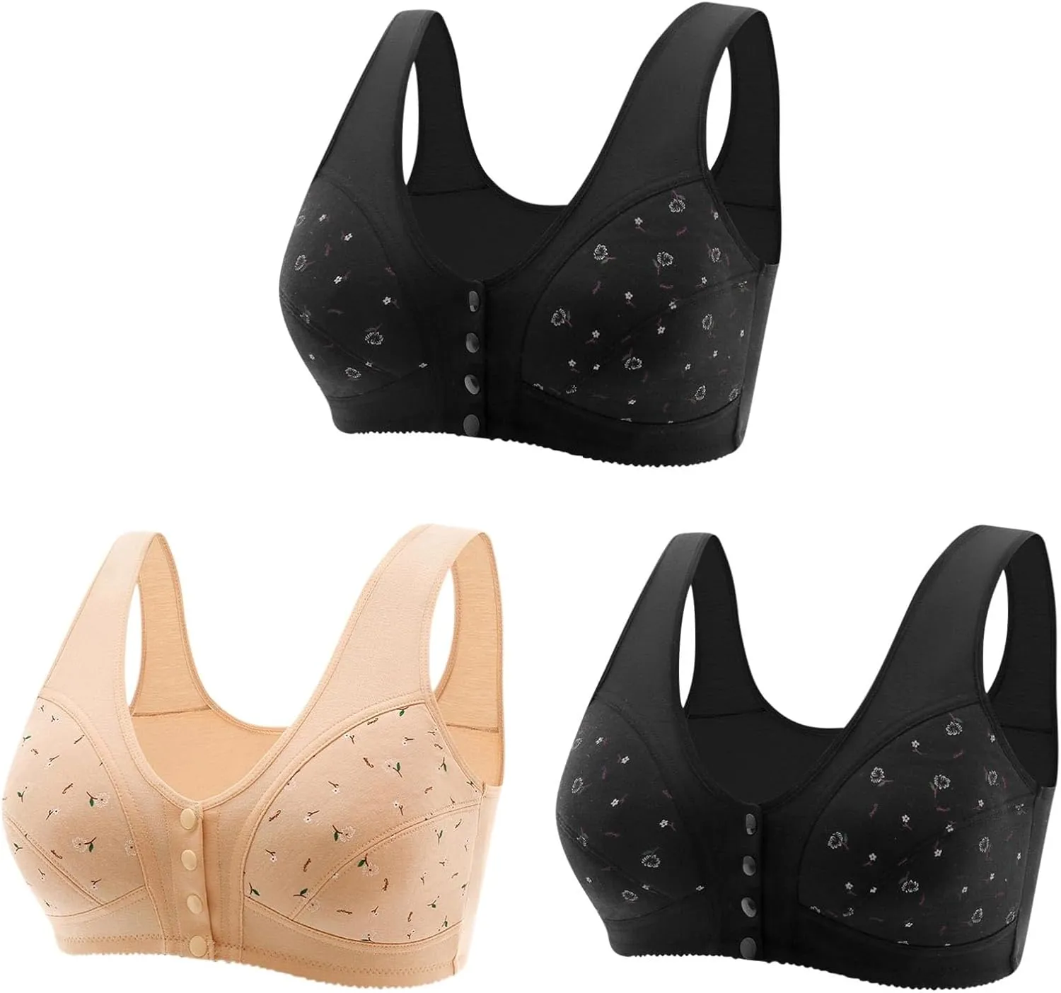 Daisy Bras for Women Front Closure Snap Bra Soft Comfortable Underwear Push up Bralette Everyday Bras 3 Pack