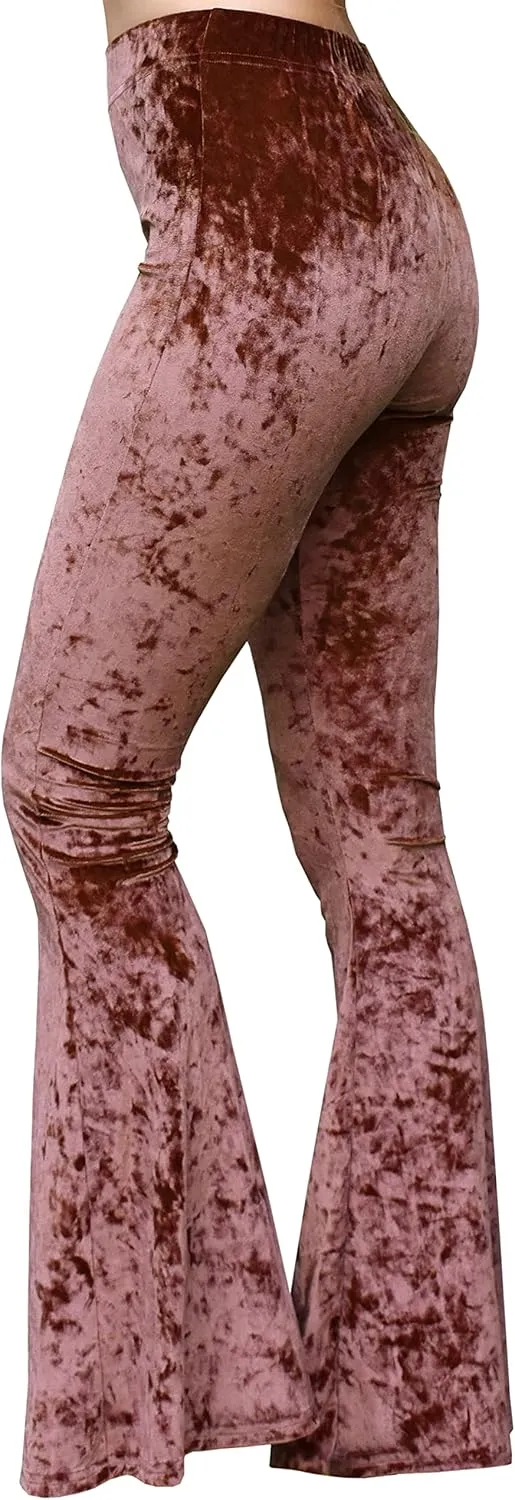 Daisy Del Sol Crushed Velvet High Waisted Comfy Soft Stretch 70s Yoga Loungewear Bell Bottom Flare Pants