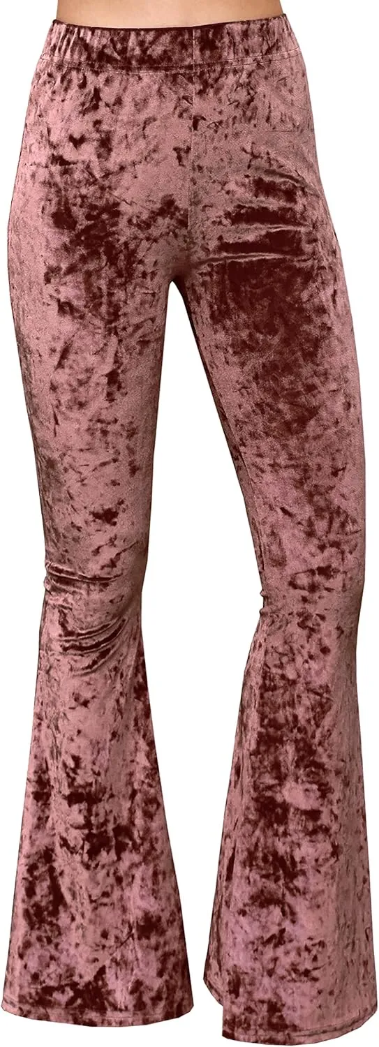 Daisy Del Sol Crushed Velvet High Waisted Comfy Soft Stretch 70s Yoga Loungewear Bell Bottom Flare Pants