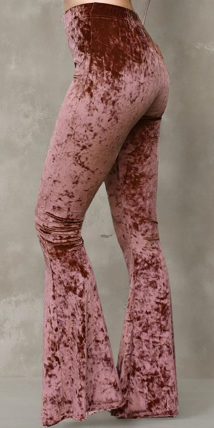 Daisy Del Sol Crushed Velvet High Waisted Comfy Soft Stretch 70s Yoga Loungewear Bell Bottom Flare Pants