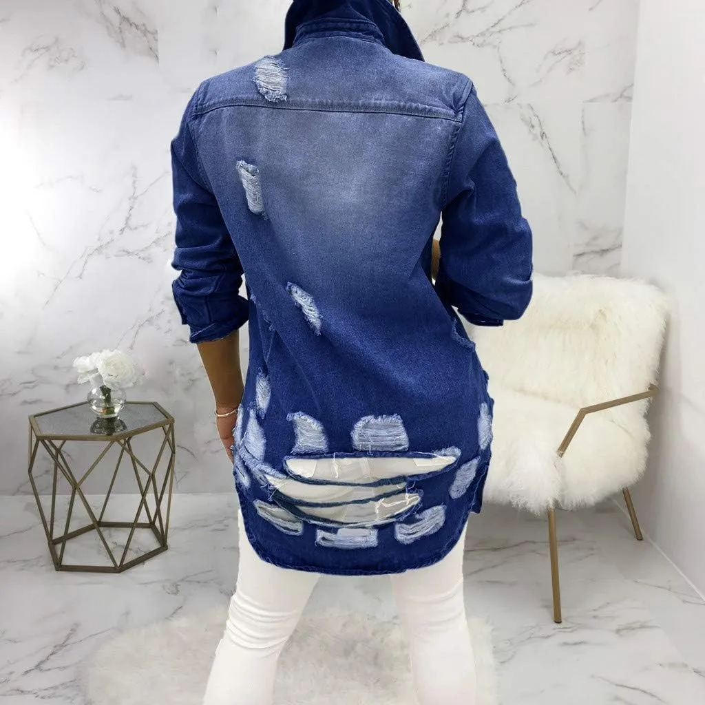 Denim Jackets Lapel Button Down Ripped Hole Jeans Motorcycle Trucker Jackets Outerwear