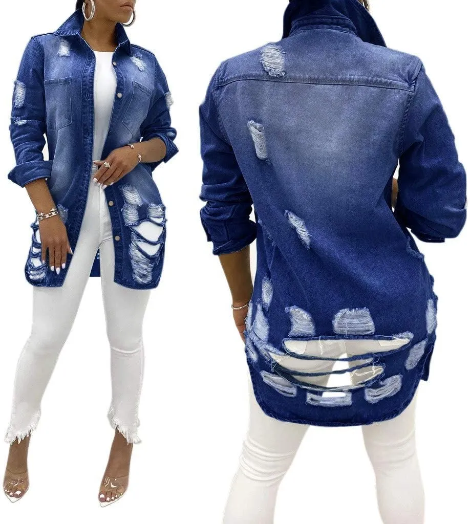 Denim Jackets Lapel Button Down Ripped Hole Jeans Motorcycle Trucker Jackets Outerwear