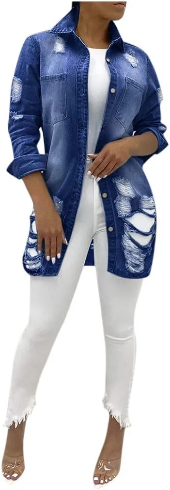 Denim Jackets Lapel Button Down Ripped Hole Jeans Motorcycle Trucker Jackets Outerwear