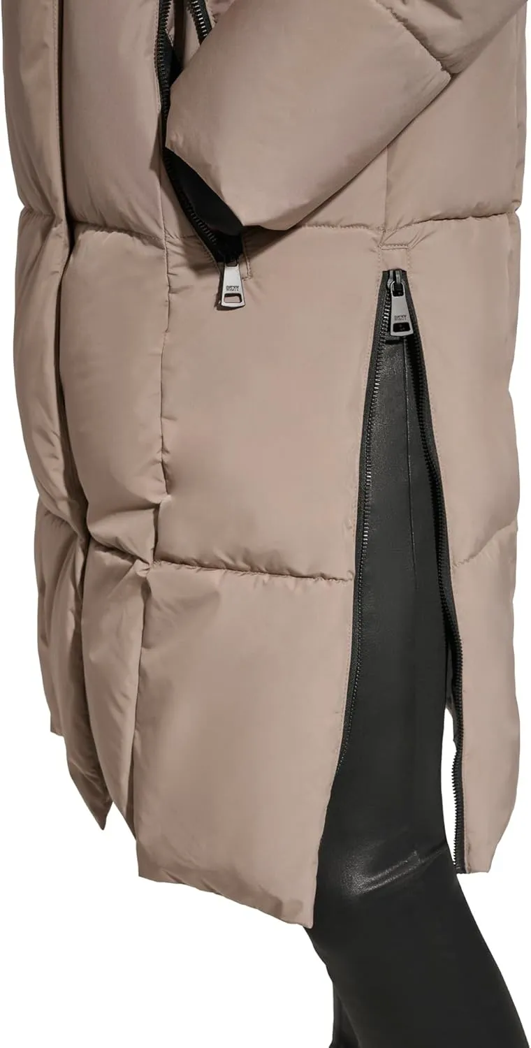 DKNY Womens Hooded Long Down Alternative Puffer Jacket