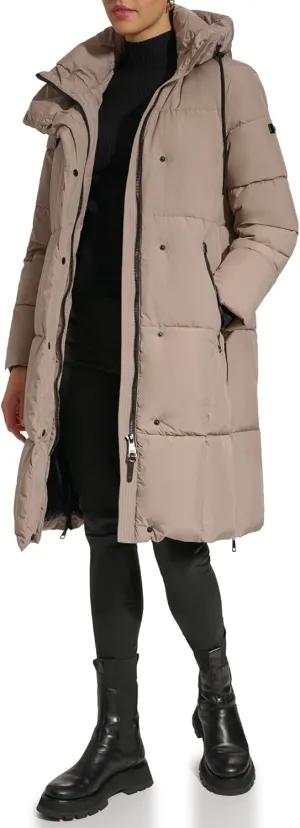 DKNY Womens Hooded Long Down Alternative Puffer Jacket