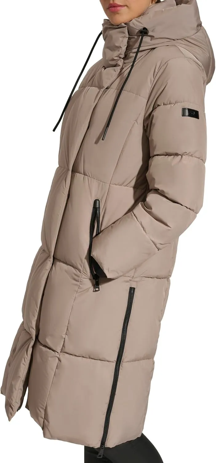 DKNY Womens Hooded Long Down Alternative Puffer Jacket