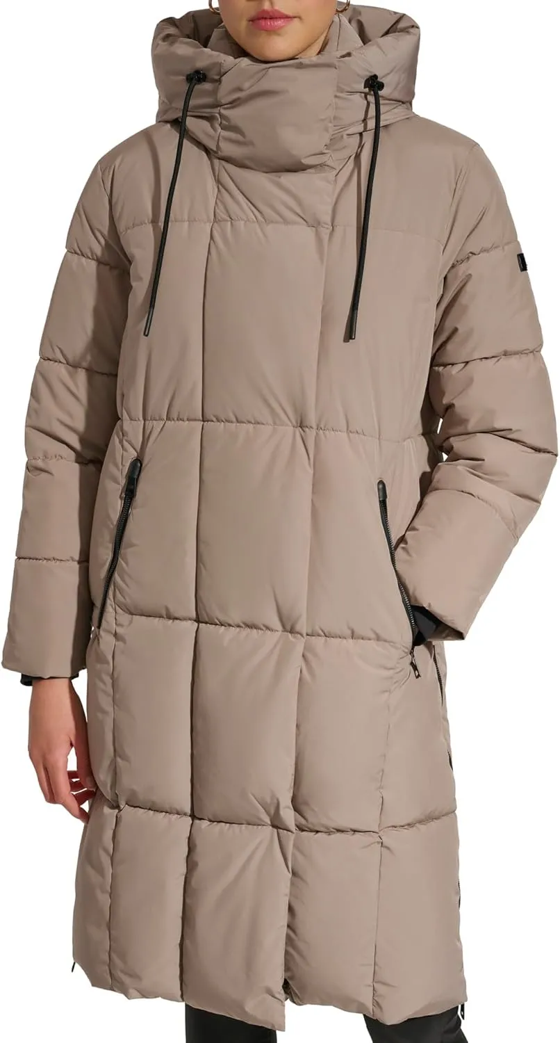 DKNY Womens Hooded Long Down Alternative Puffer Jacket
