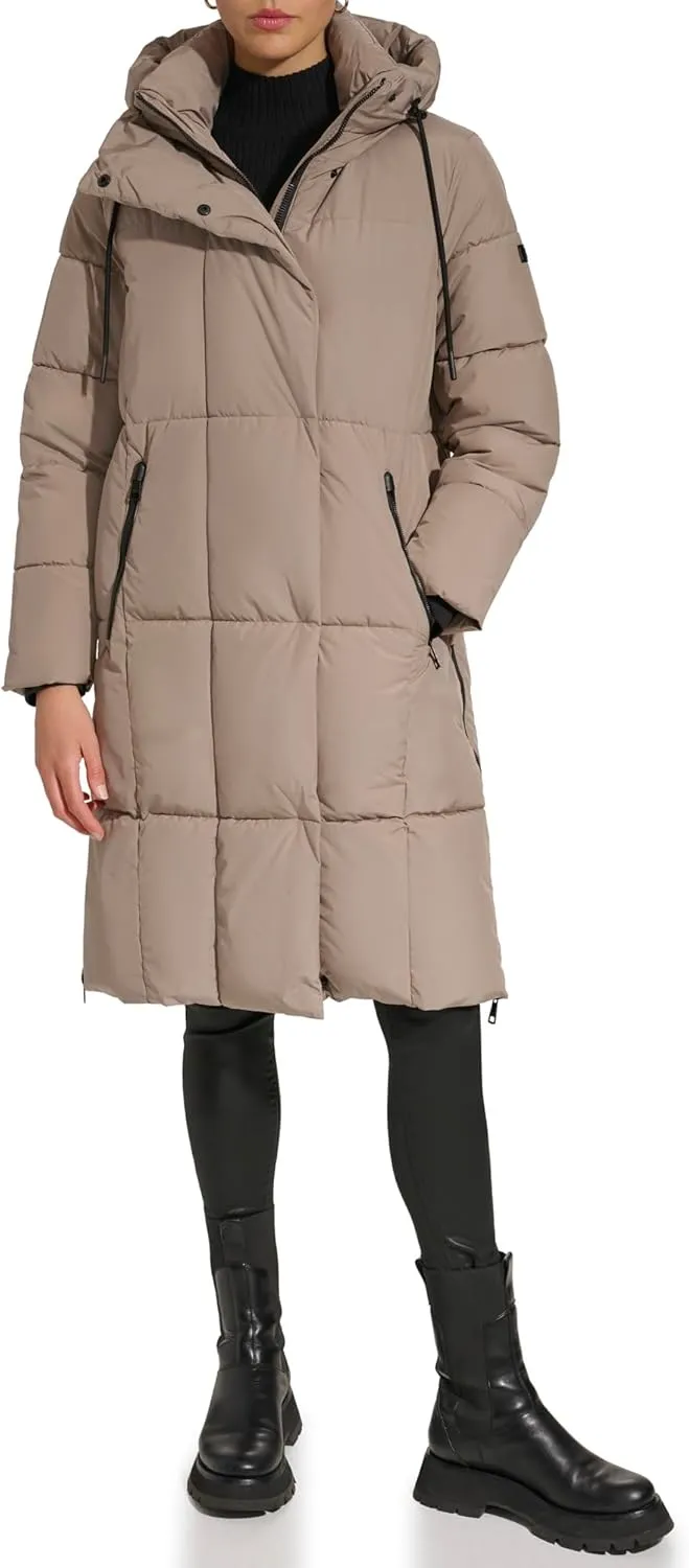 DKNY Womens Hooded Long Down Alternative Puffer Jacket