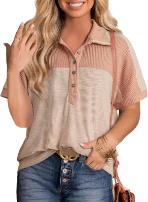 Dokotoo Women's Summer Tops Color Block Short Sleeve V Neck Knit Casual Loose Pullover Tops Shirts