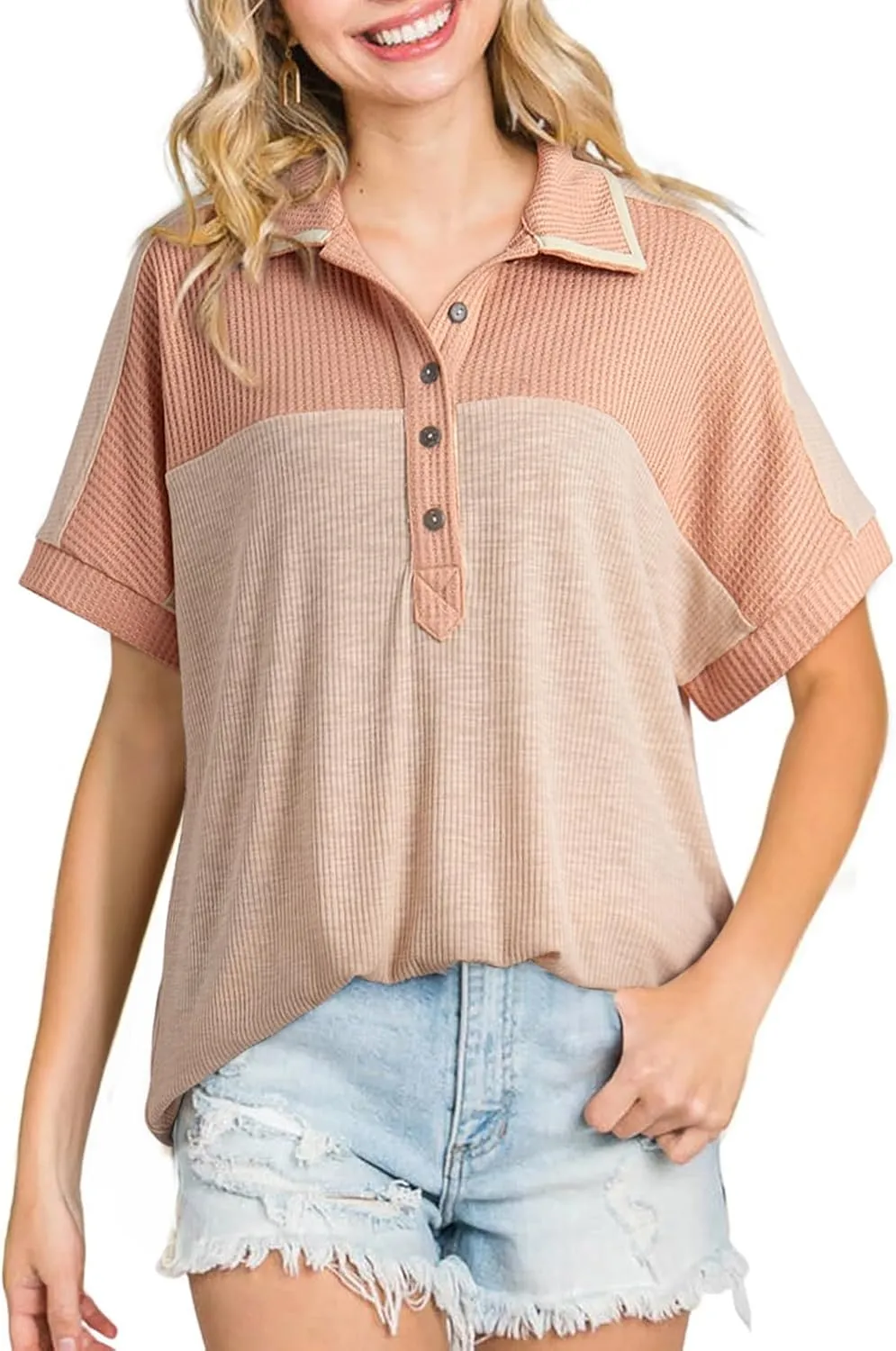 Dokotoo Women's Summer Tops Color Block Short Sleeve V Neck Knit Casual Loose Pullover Tops Shirts